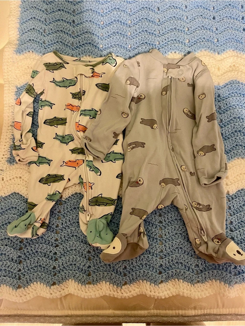 Baby Zip Footed One-Piece Sleepers - Blue & Gray Sea Animal Prints